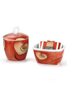 zuccheriera e vaschetta - in porcellana - decorata cuore rosso -